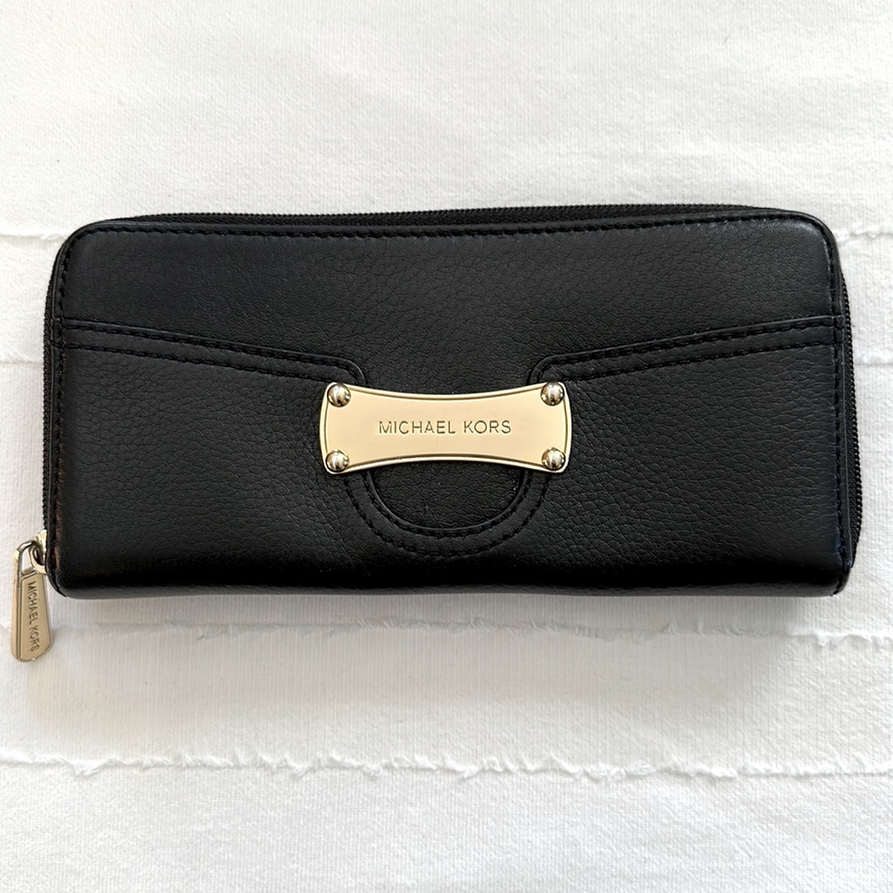 GUC Michael Kors black leather zip around wallet, gold hardware